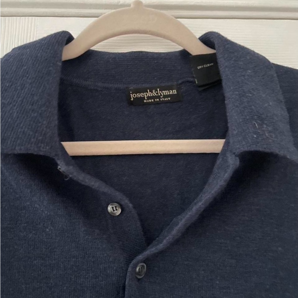 100% Merino Wool Navy Long Sleeve Polo Sweater - Picture 3 of 5